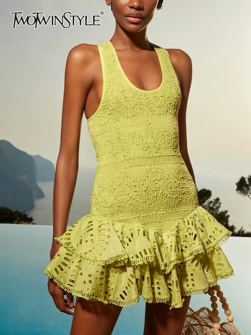 Lemon-Lime Eyelet Ruffle Mini Dress